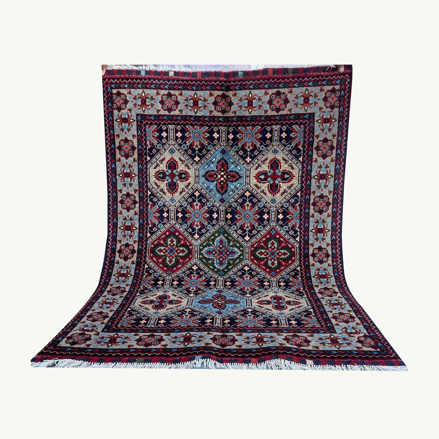 Handwoven Marinos Kashi Gul Rug with Vibrant Geometric Patterns