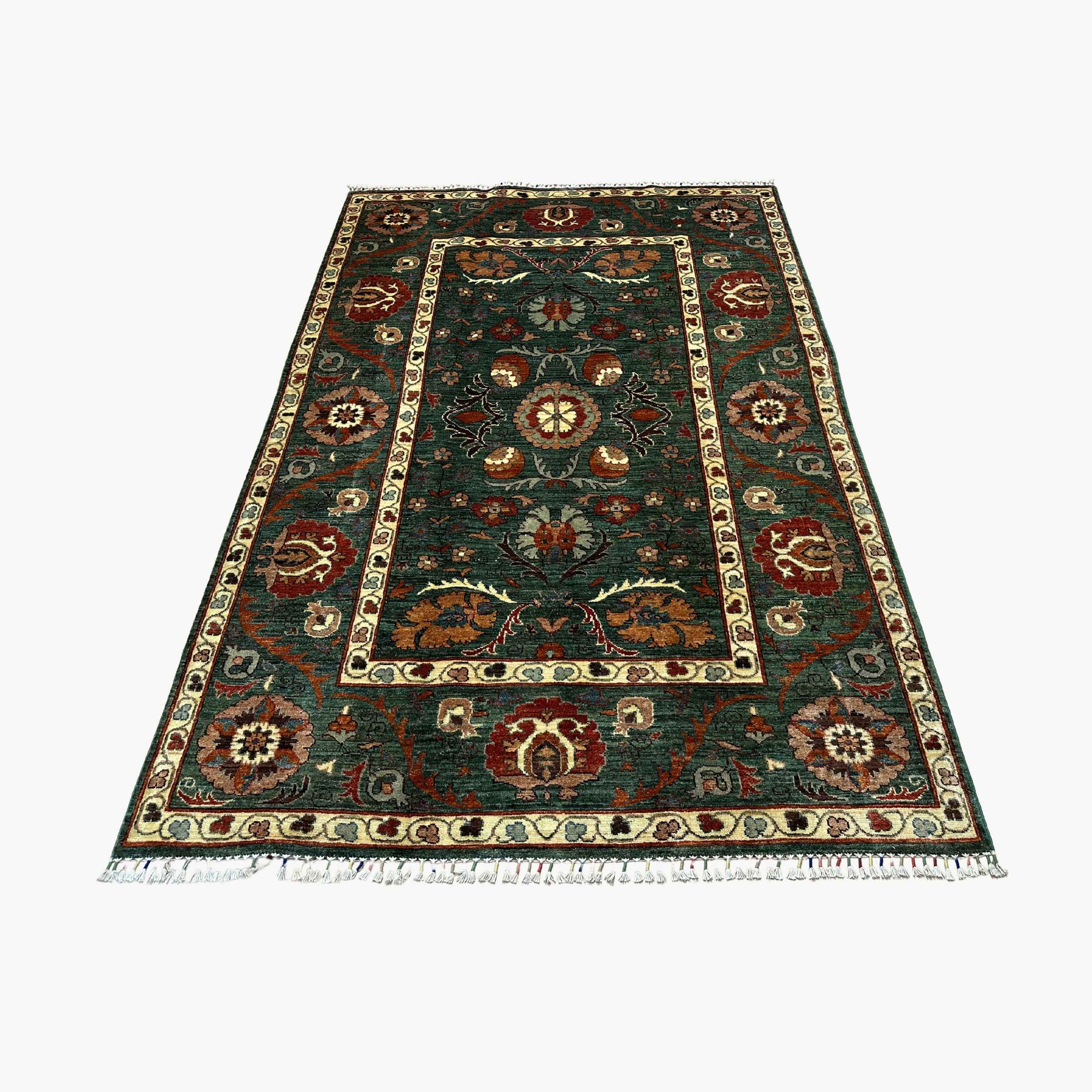 Sozani 7.9 x 5.3 Wool Rug – Forest Green with Ivory Border & Floral Scrolls