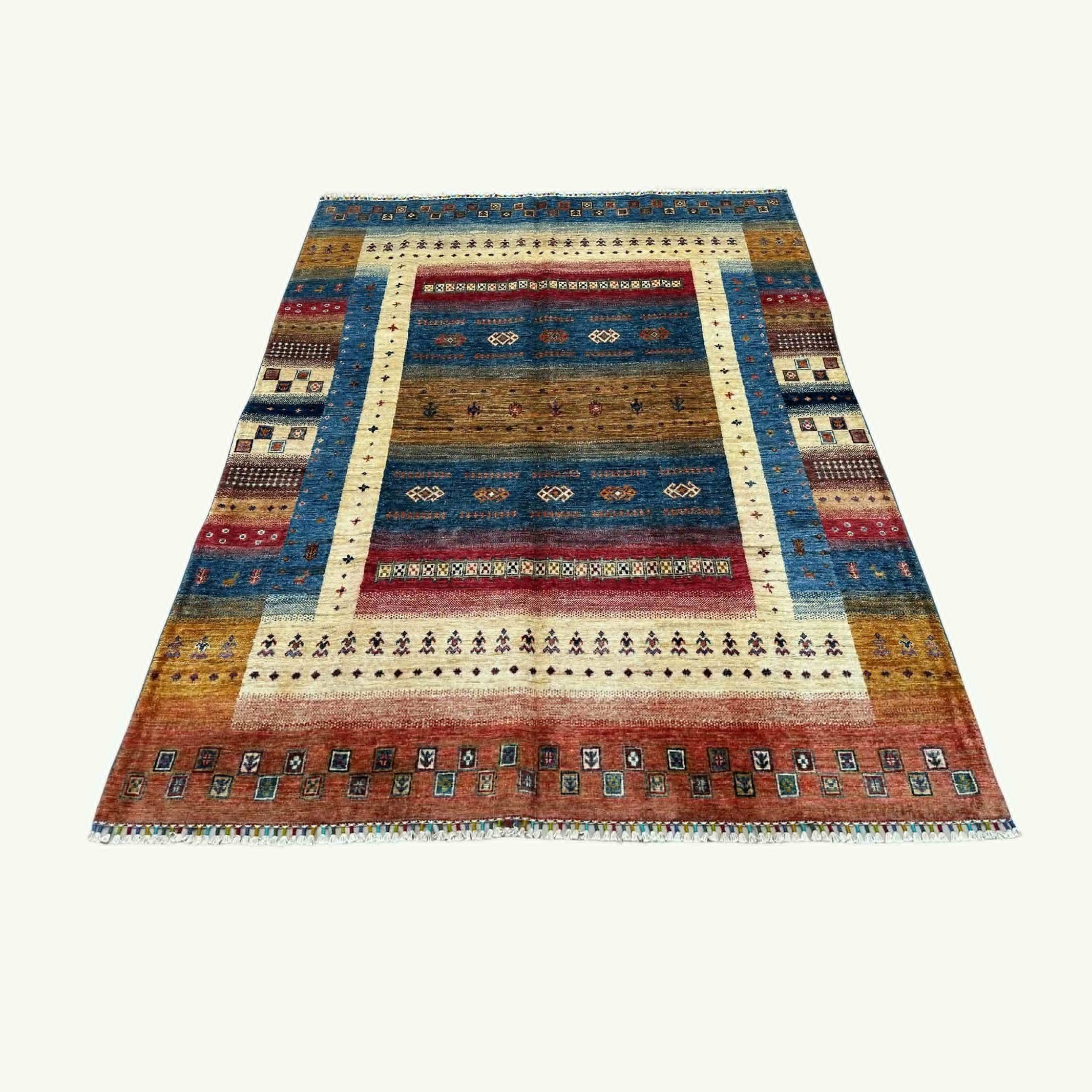Ghaba Tribal 7.4 x 5.7 Wool Rug – Multicolor Striped Field with Geometric Motifs