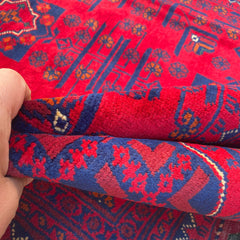 Handwoven Khamyab Rug in Crimson and Indigo Tones