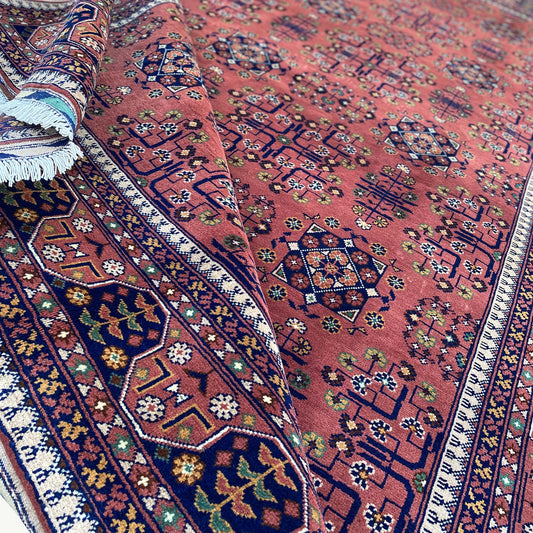Marinos Bukhara Rug – Classic Afghan Grandeur in Coral and Indigo Harmony