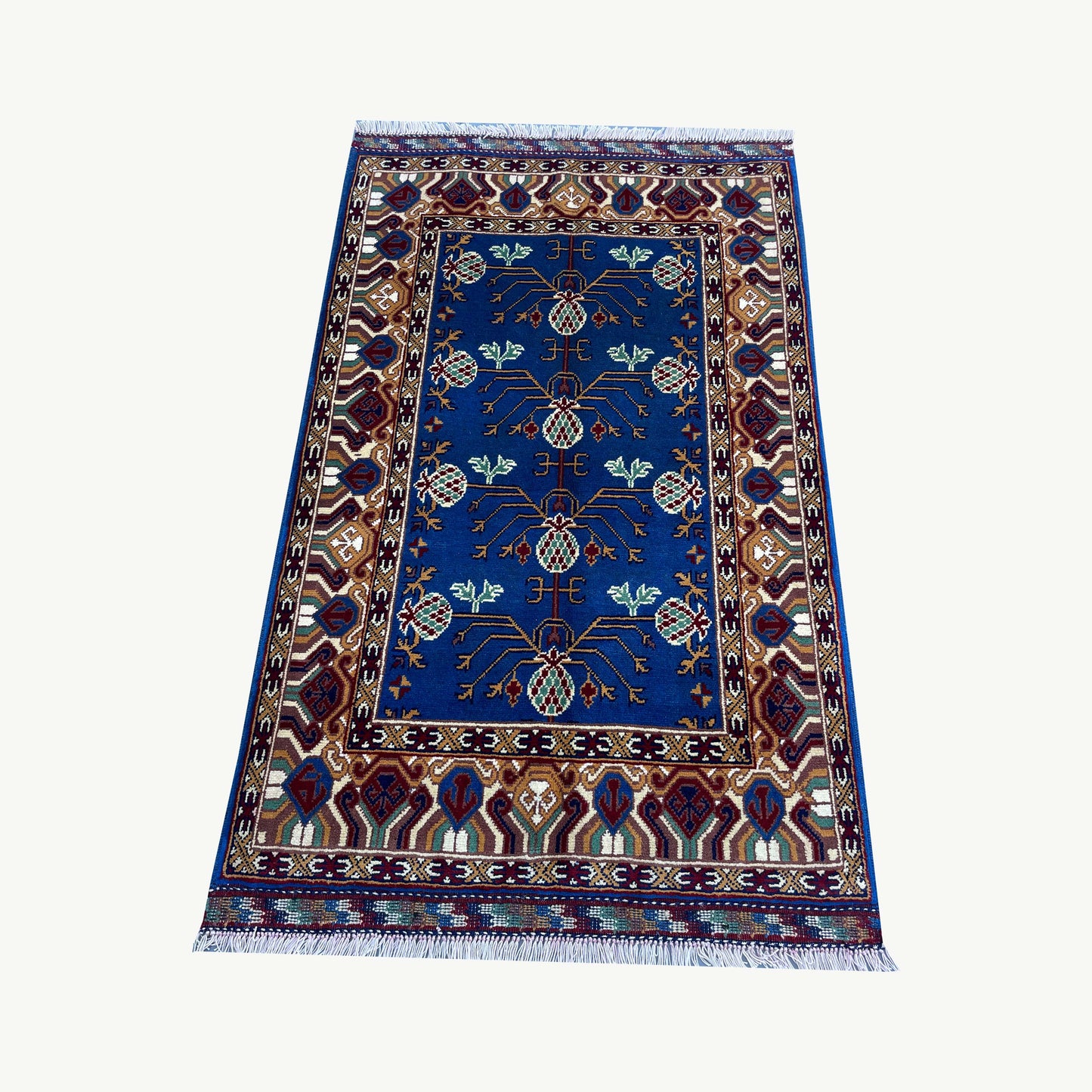 Marinos Anar Gul Rug – Afghan Elegance in Blue with Pomegranate Bloom