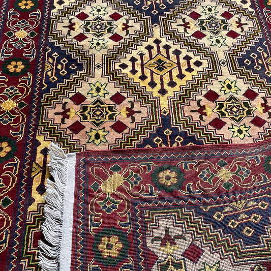 Marinos Yousuf Bai Numa Rug – Bold Afghan Geometry in Crimson and Gold