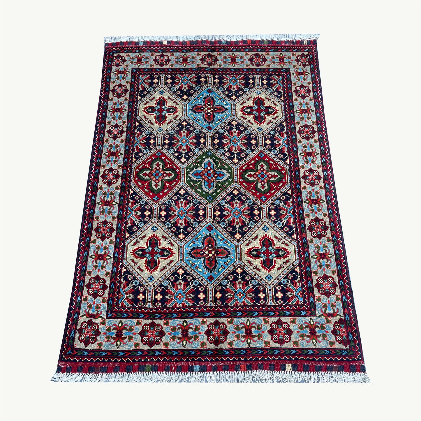Handwoven Marinos Kashi Gul Rug with Vibrant Geometric Patterns