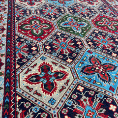 Handwoven Marinos Kashi Gul Rug with Vibrant Geometric Patterns