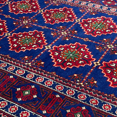 Afghan Yusof Bai 9.11 x 2.10 Runner – Geometric Rosettes in Deep Indigo Frame