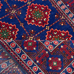 Afghan Yusof Bai 9.11 x 2.10 Runner – Geometric Rosettes in Deep Indigo Frame