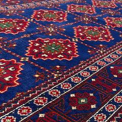 Afghan Yusof Bai 9.11 x 2.10 Runner – Geometric Rosettes in Deep Indigo Frame