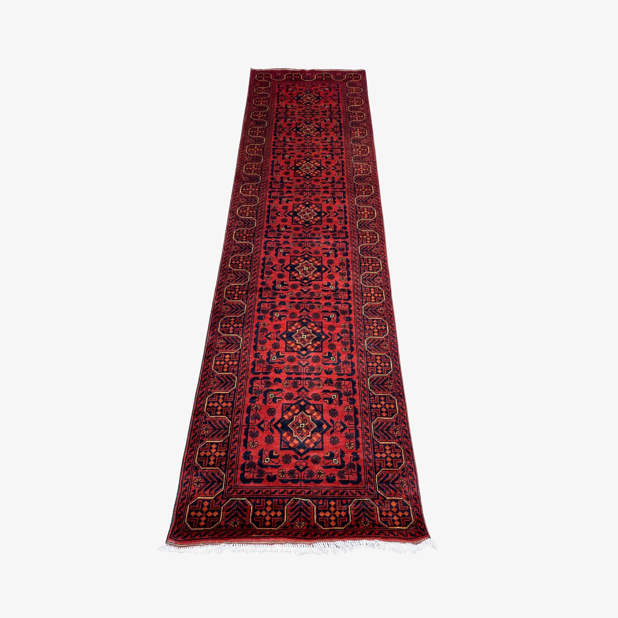 Afghan Bokhara 6.10 x 2.9 Runner – Crimson Medallion Grid with Tribal Border