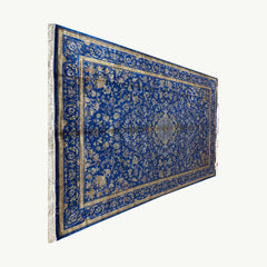 Blue Silk Qum Rug- 9.8 x 6.5 ft Classic Persian Floral Medallion Design