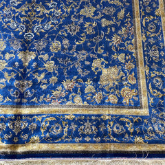 Blue Silk Qum Rug- 9.8 x 6.5 ft Classic Persian Floral Medallion Design