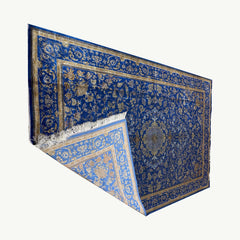 Blue Silk Qum Rug- 9.8 x 6.5 ft Classic Persian Floral Medallion Design