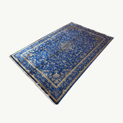 Blue Silk Qum Rug- 9.8 x 6.5 ft Classic Persian Floral Medallion Design