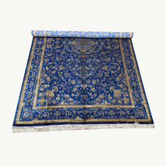 Blue Silk Qum Rug- 9.8 x 6.5 ft Classic Persian Floral Medallion Design