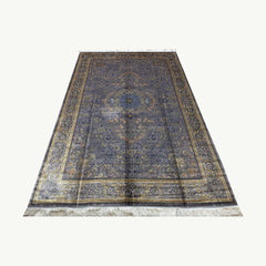 Blue and Gold Persian Silk Rug – 9.8 x 6.5 ft with Central Medallion