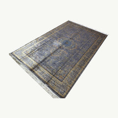 Blue and Gold Persian Silk Rug – 9.8 x 6.5 ft with Central Medallion