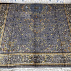 Blue and Gold Persian Silk Rug – 9.8 x 6.5 ft with Central Medallion