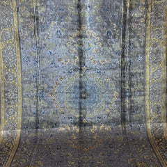 Blue and Gold Persian Silk Rug – 9.8 x 6.5 ft with Central Medallion