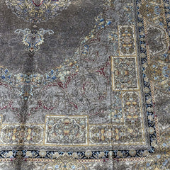 Grey and Gold Persian Silk Rug – 9.8 x 6.5 ft with Intricate Medallion Design