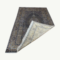 Grey and Gold Persian Silk Rug – 9.8 x 6.5 ft with Intricate Medallion Design