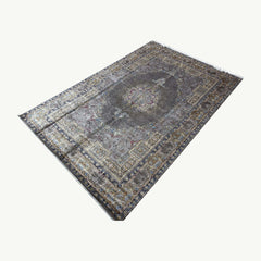 Grey and Gold Persian Silk Rug – 9.8 x 6.5 ft with Intricate Medallion Design