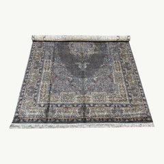 Grey and Gold Persian Silk Rug – 9.8 x 6.5 ft with Intricate Medallion Design