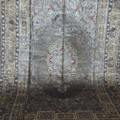 Grey and Gold Persian Silk Rug – 9.8 x 6.5 ft with Intricate Medallion Design