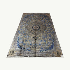 Grey, Blue & Gold Silk Persian Rug – 9.8 x 6.5 ft with Central Medallion