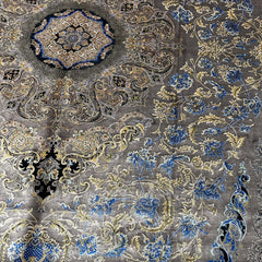 Grey, Blue & Gold Silk Persian Rug – 9.8 x 6.5 ft with Central Medallion