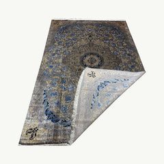 Grey, Blue & Gold Silk Persian Rug – 9.8 x 6.5 ft with Central Medallion