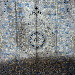Grey, Blue & Gold Silk Persian Rug – 9.8 x 6.5 ft with Central Medallion