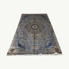 Charcoal, Blue & Gold Silk Persian Rug – 9.8 x 6.5 ft with Central Medallion