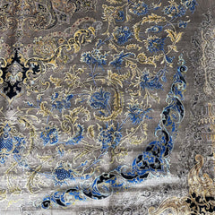 Charcoal, Blue & Gold Silk Persian Rug – 9.8 x 6.5 ft with Central Medallion