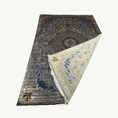 Charcoal, Blue & Gold Silk Persian Rug – 9.8 x 6.5 ft with Central Medallion