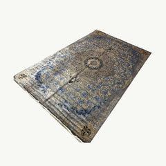 Charcoal, Blue & Gold Silk Persian Rug – 9.8 x 6.5 ft with Central Medallion