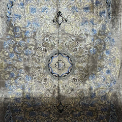 Charcoal, Blue & Gold Silk Persian Rug – 9.8 x 6.5 ft with Central Medallion