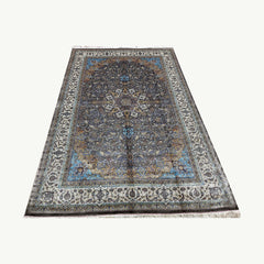 Grey and Blue Persian Silk Rug – 9.8 x 6.5 ft with Central Medallion