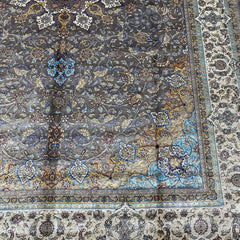 Grey and Blue Persian Silk Rug – 9.8 x 6.5 ft with Central Medallion