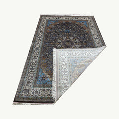Grey and Blue Persian Silk Rug – 9.8 x 6.5 ft with Central Medallion