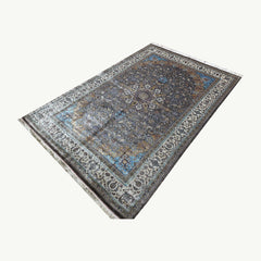 Grey and Blue Persian Silk Rug – 9.8 x 6.5 ft with Central Medallion