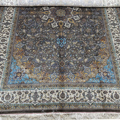 Grey and Blue Persian Silk Rug – 9.8 x 6.5 ft with Central Medallion
