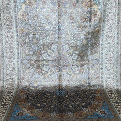 Grey and Blue Persian Silk Rug – 9.8 x 6.5 ft with Central Medallion