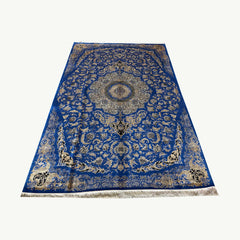 Blue and Gold Persian Silk Rug – 9.8 x 6.5 ft with Geometric Borders