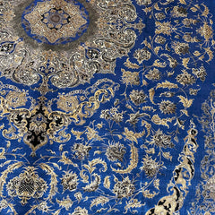 Blue and Gold Persian Silk Rug – 9.8 x 6.5 ft with Geometric Borders