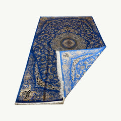 Blue and Gold Persian Silk Rug – 9.8 x 6.5 ft with Geometric Borders
