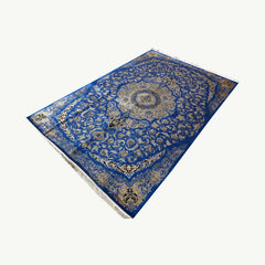 Blue and Gold Persian Silk Rug – 9.8 x 6.5 ft with Geometric Borders