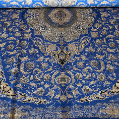 Blue and Gold Persian Silk Rug – 9.8 x 6.5 ft with Geometric Borders
