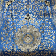 Blue and Gold Persian Silk Rug – 9.8 x 6.5 ft with Geometric Borders
