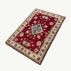 Ruby Field Afghan Kazak Rug – Hand-Knotted Geometric Medallion & Floral Motifs
