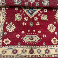 Ruby Field Afghan Kazak Rug – Hand-Knotted Geometric Medallion & Floral Motifs